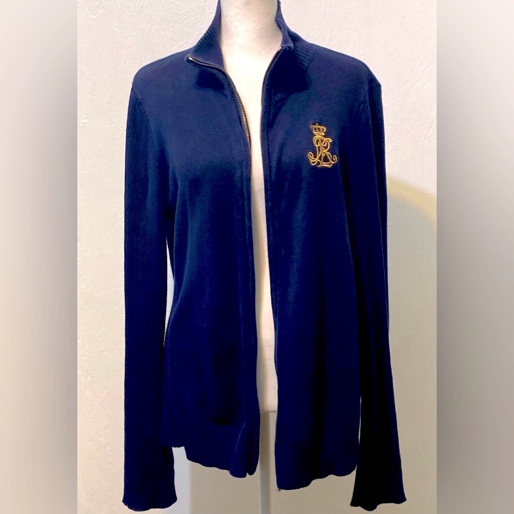 Ralph Lauren Preppy Y2K full zip blue cardigan90s with gold logo .Size L